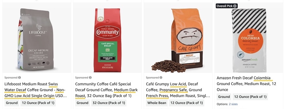 Amaozn search results for medium roast decaf coffee