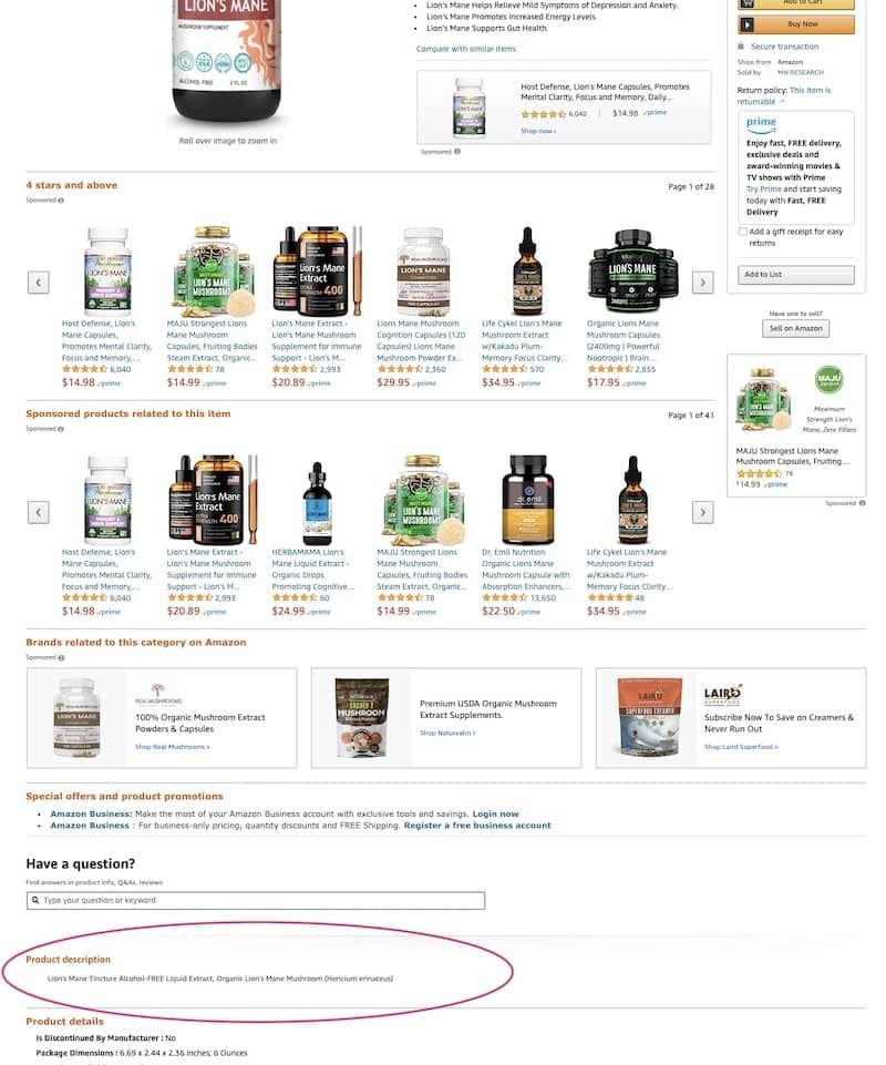 Lion's Mane description gets lost among other sponsored brands and products