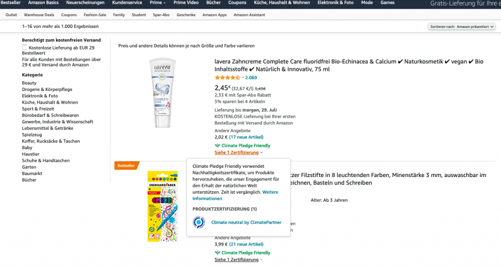 Climate Neutral certification products on Amazon