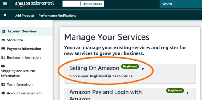 Screenshot of seller central "manage your services" with select selling on Amazon circled in orange