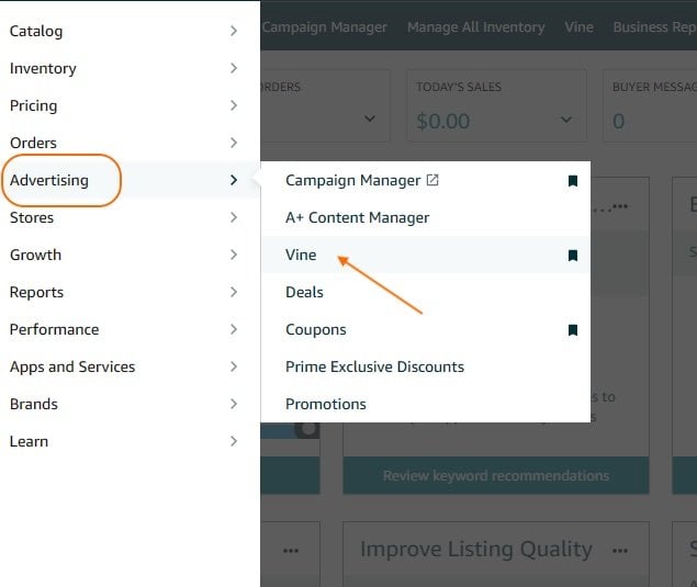 select the vine program from the under the advertising tab in seller central