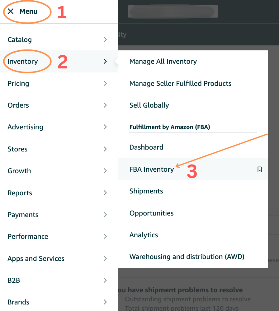 A screenshot from Amazon Seller Central showing the navigation steps to access the FBA Inventory page. The screenshot highlights the following steps:
- Click the hamburger menu (three horizontal lines) in the top left corner.
- From the dropdown menu, select "Inventory."
- In the right-side dropdown options, click on "FBA Inventory."