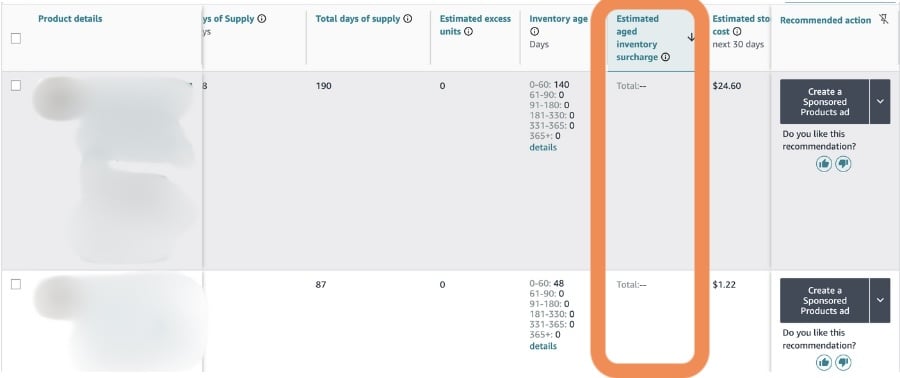 Screenshot from the FBA inventory, showing the Estimated Aged Inventory Surcharge per product. The image also includes other necessary inventory information such as estimated excess units, estimated storage costs, etc. 