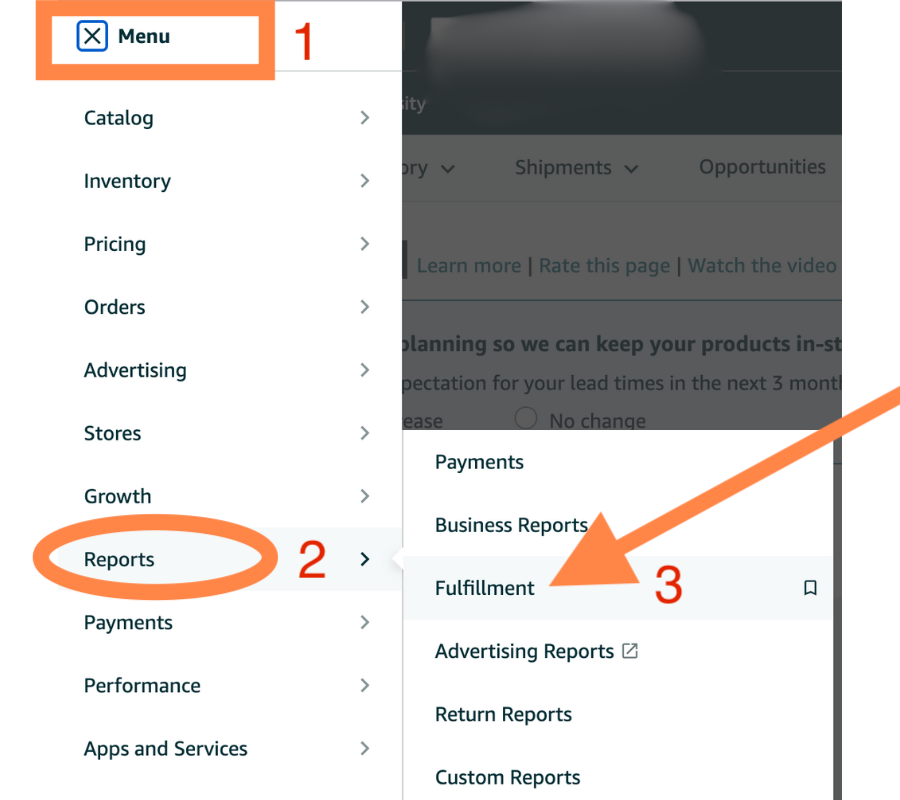 Screenshot showing how to navigate the Fulfillment Reports From the Hamburger menu, select the Reports tab, then from the left-side dropdown, choose the Fulfillment option.