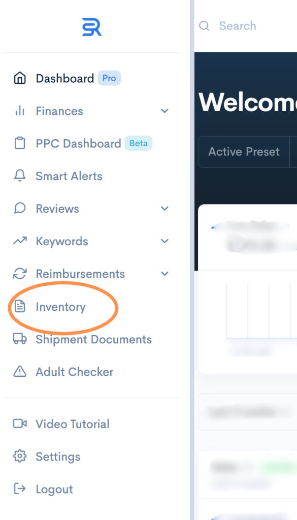 A screenshot of the Sellerise Dashboard. The left-hand side menu is displayed by hovering over it. The "Inventory" tab is highlighted to show where to navigate and select.