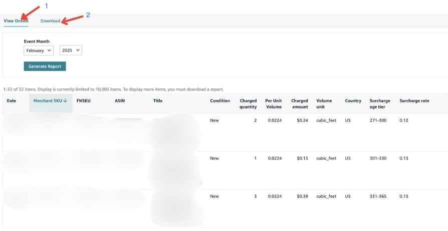 Screenshot of the Aged Inventory Surcharge Report Page. Two options are available: view the report online or generate and download it. The "view online" option is selected, displaying the report in the lower part of the screen with a breakdown of each product's aged units, charged amount, aged tier, and rate amount.