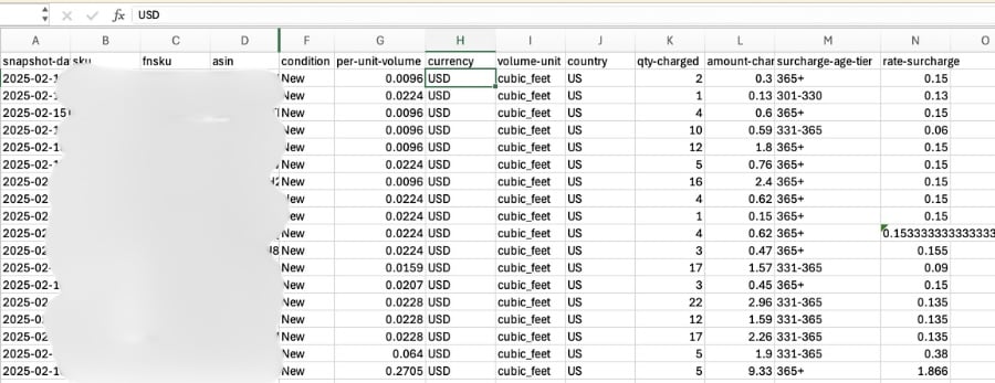 Screenshot of the downloaded report. It displays the same data as the online view, including aged units, charged amount, aged tier, and rate amount.
