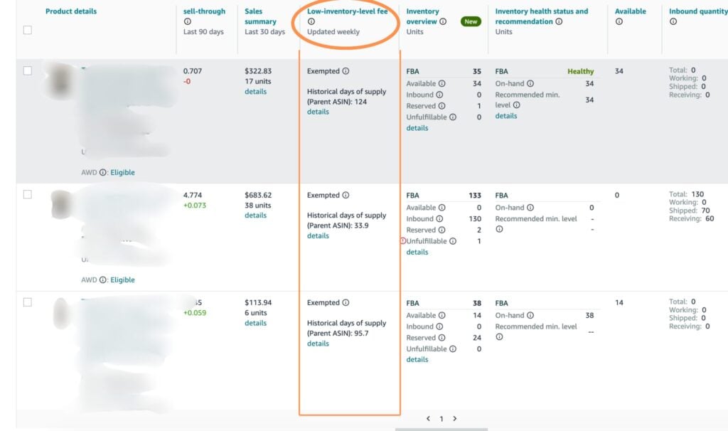 A screenshot of the FBA Inventory page in Amazon Seller Central. The fourth column, labeled "Low-inventory-level fee," is highlighted to show where you can immediately see the fee details.