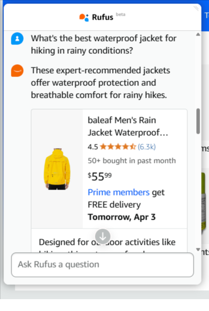 Amazon Rufus' top recommendation stating "Designed for outdoor activities like hiking, this waterproof and windproof rain jacket features a hood and reflective details for enhanced visibility in rainy conditions."