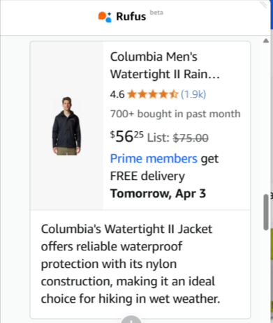 Amazon Rufus recommendation stating "Columbia's Watertight II Jacket offers reliable waterproof protection with its nylon construction, making it an ideal choice for hiking in wet weather."
