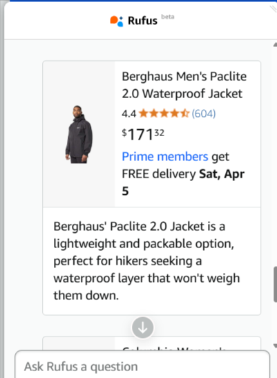 Amazon Rufus recommendation stating "Berghaus' Paclite 2.0 Jacket is a lightweight and packable option, perfect for hikers seeking a waterproof layer that won't weigh them down."