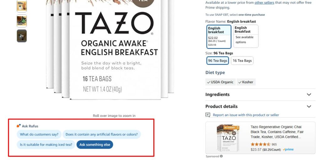 Example of Rufus appearing below Amazon product listing on desktop