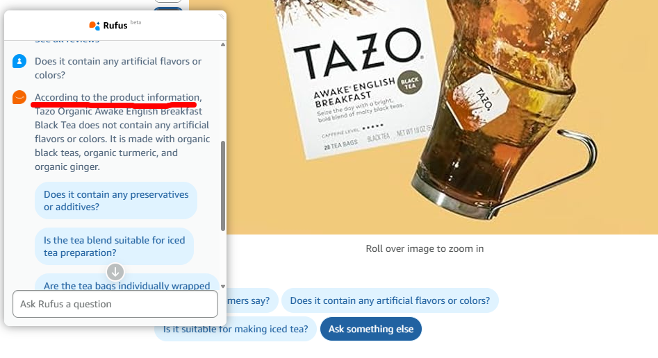 Screenshot of Rufus answer to question about tea containing artificial colors and flavors