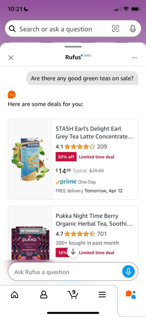 Screenshot with answer for the Rufus question "are there any good green teas on sale?"