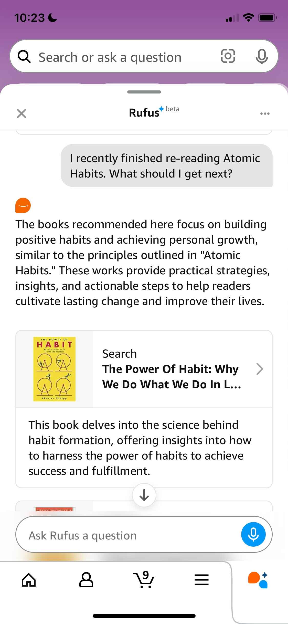 Screenshot of Rufus offering relvant book suggestions