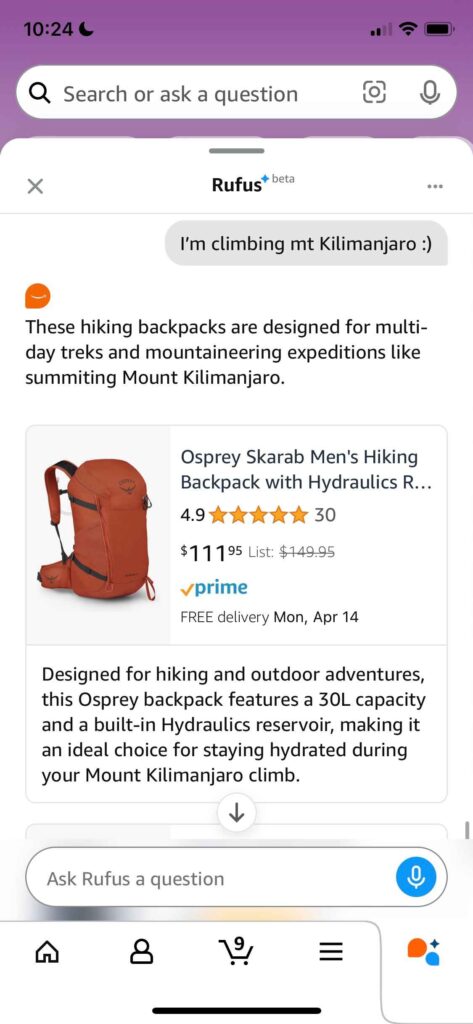 Screenshot that prompts Rufus to suggest more specific product recommendations based on type of hike