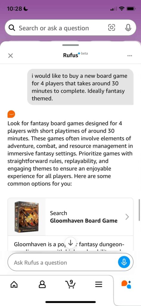 Screenshot of Rufus' recommendations of a board game for 4 players, takes 30 minutes and ideally fantasy-themed