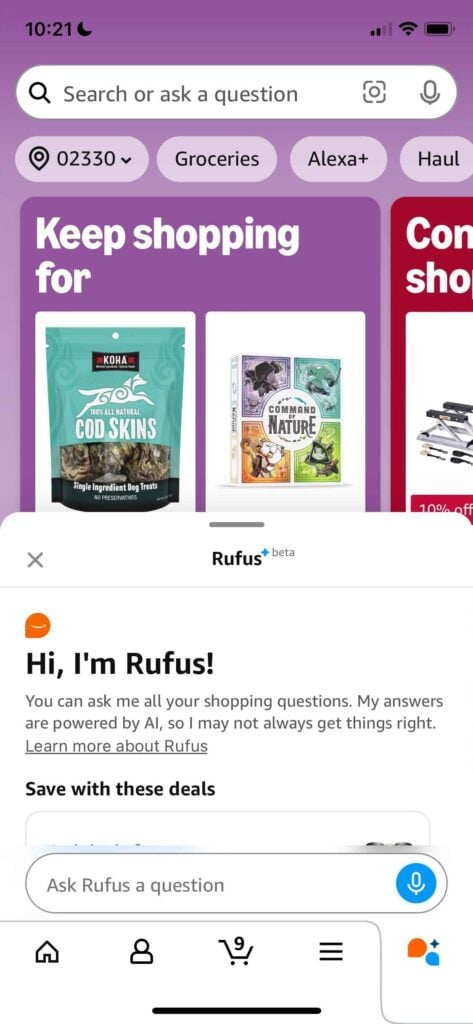 Screenshot with Amazon Rufus introduction