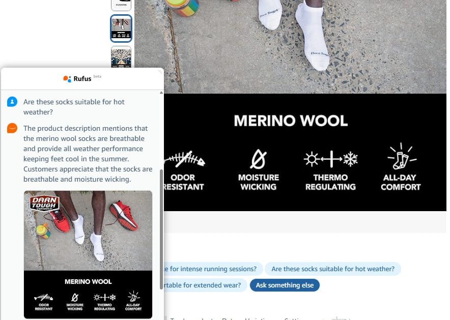 Screenshot of Rufus providing image from listing to answer question "are these socks suitable for hot weather?"