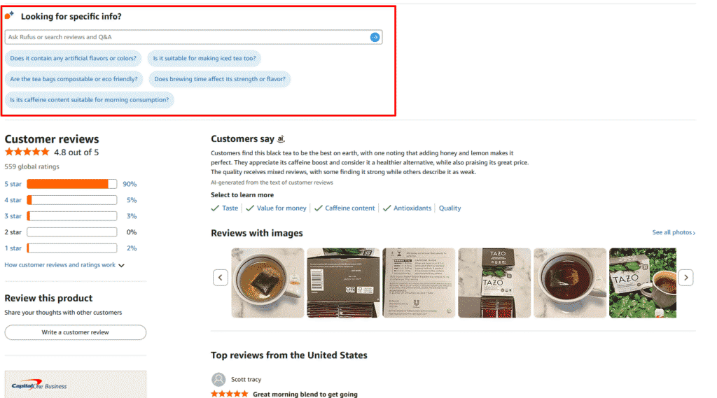 Image showing Rufus questions above the review section