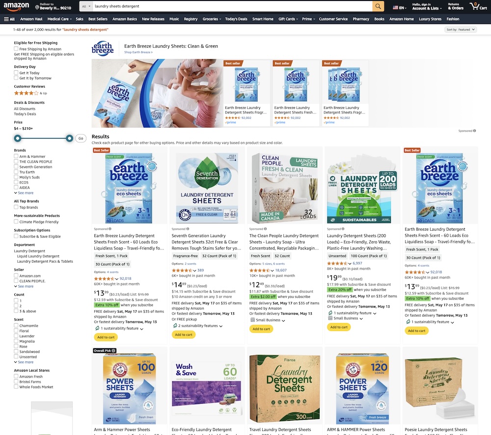 Screenshot of Amazon SERP for laundry sheets detergent