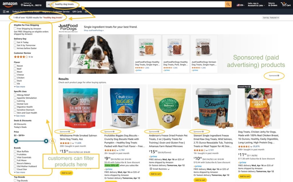 Amazon search results page for healthy dog treats with filters and sponsored ads
