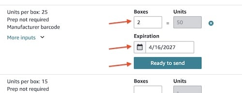 enter number of boxes, expiring date and hit ready to send to amazon