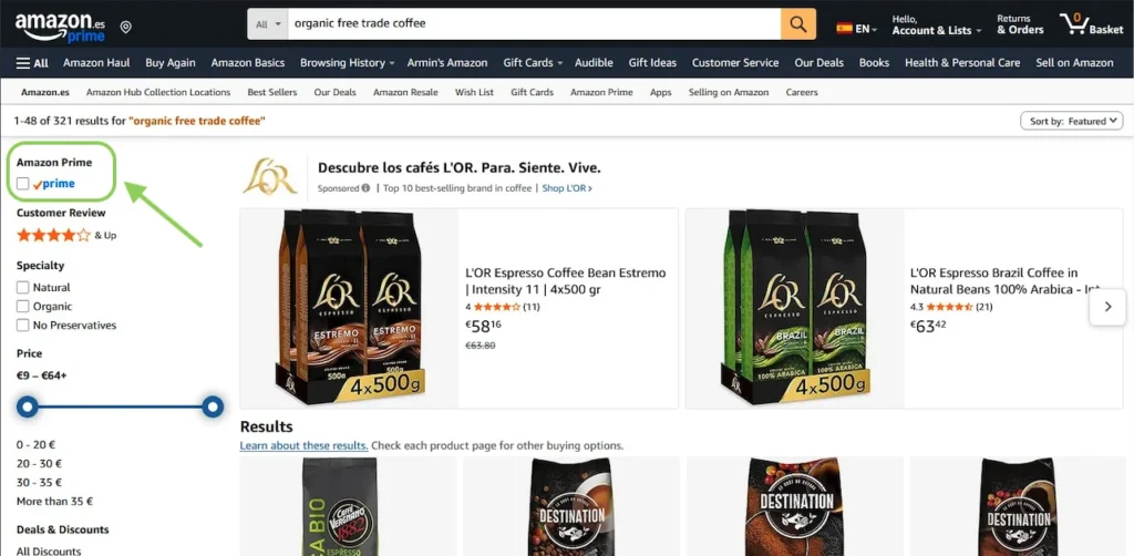amazon prime badge appears as first filter on desktop